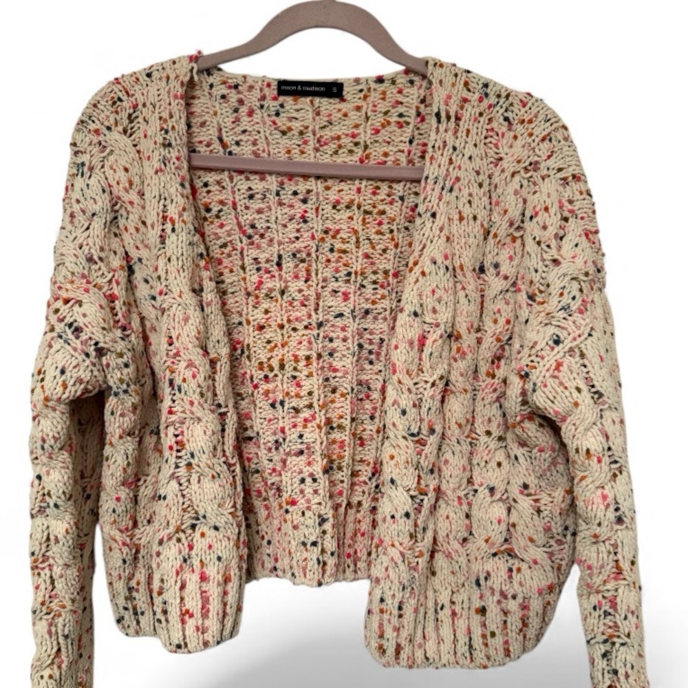 Anthropologie Chunky Cream Speckled Cable Knit Cardigan Sweater